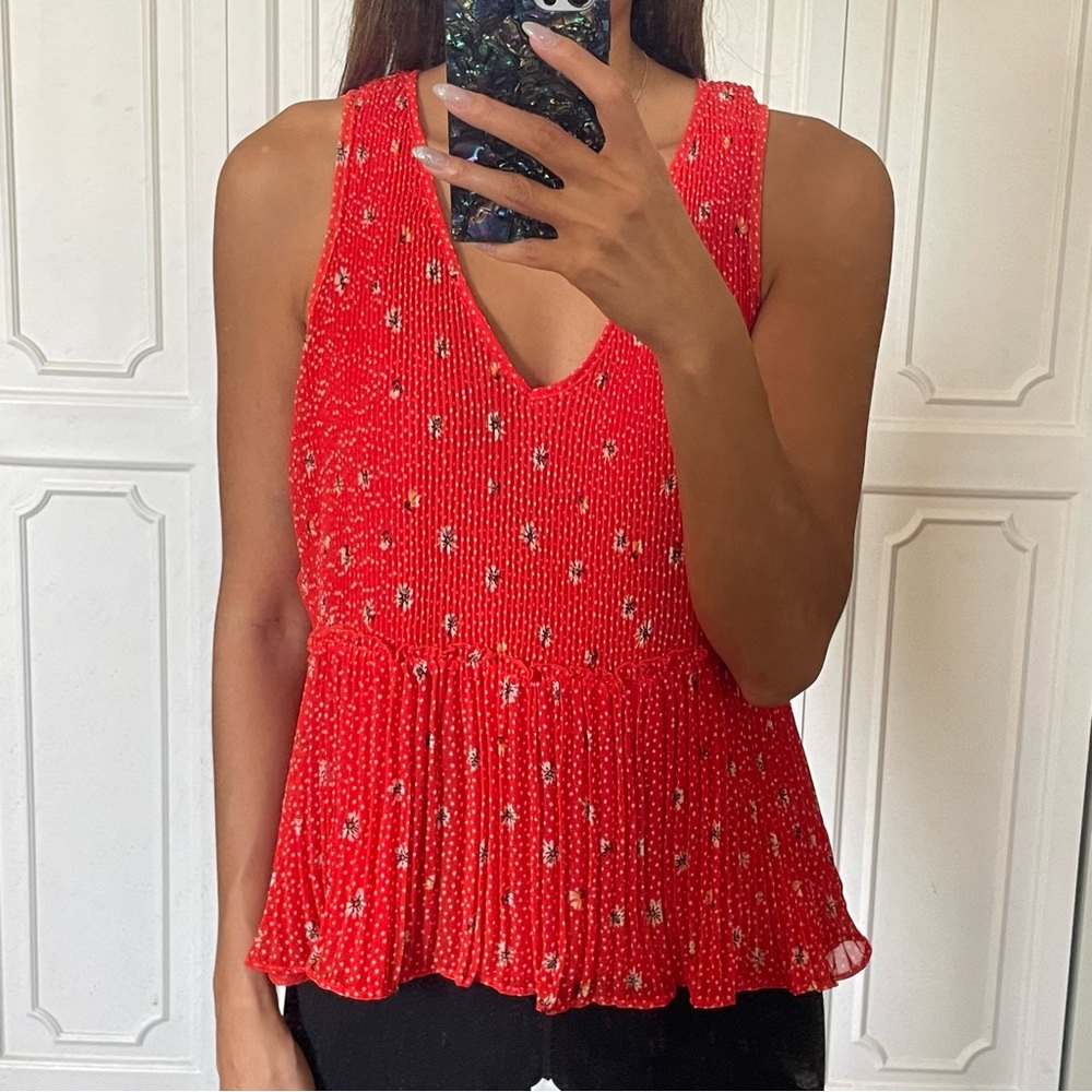 Zara Red Print Pleated Top